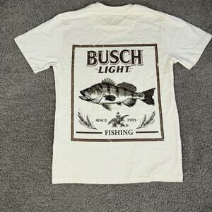 Busch Light Shirt Mens S Cream Fishing Beer Graphic Crew Neck Cotton Tagless